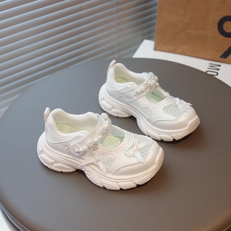 Kids White Mesh Pearl Bow Decor Breathable Sneakers 26