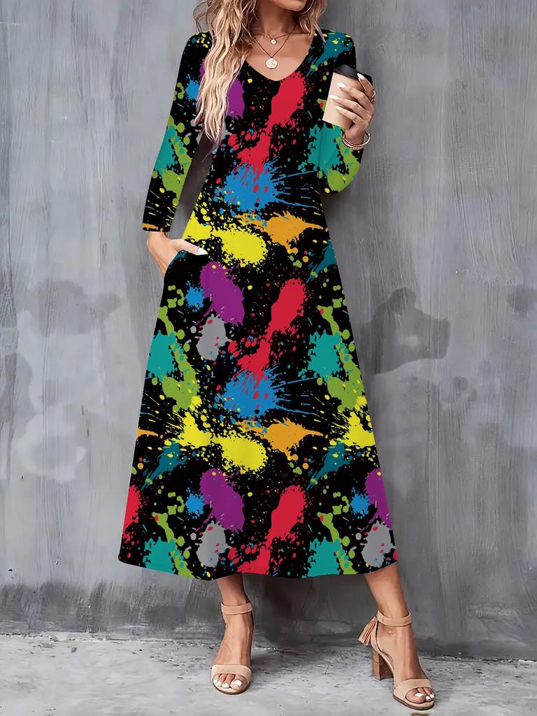 Nowa damska sukienka casualowa na jesień i zimę 2025 z modnym nadrukiem 3D tie-dye, z długim rękawem, dekoltem w serek, w fasonie A