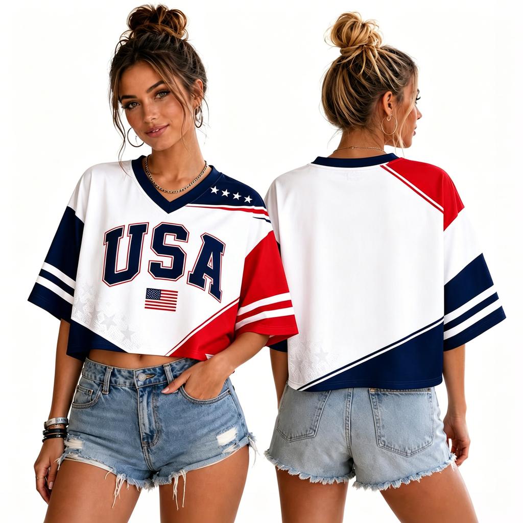 Women's V Neck Cropped T Shirt Short Sleeve World Cup Inspired Graphic Tee Lightweight Casual Top for Summer and Sports Wear