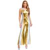 Womens Disco Jumpsuit 70s 80s Style Lapel V Neck Sleeveless Metallic Shiny Flared Pants Romper