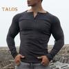 Spring Fall Men Top Buttoned Round Neck Slim Fit Long Sleeves Solid Color Pullover Mid Length Stretchy Sport Jogging T-shirt