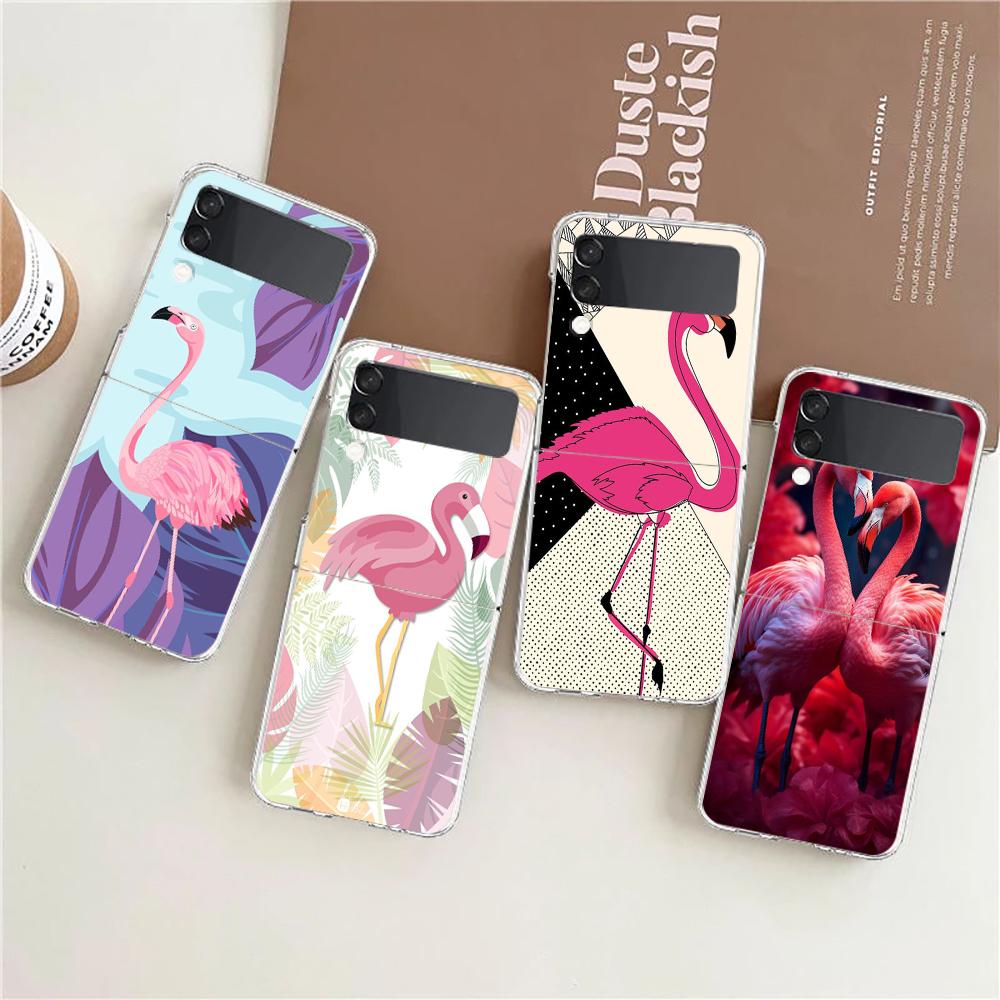 Phone Case For Samsung Galaxy Z Flip 3 4 5 Hard Folding Clear PC Bumper Lovely Pink Flamingos Leaf For Samsung Z Flip 6 Cover