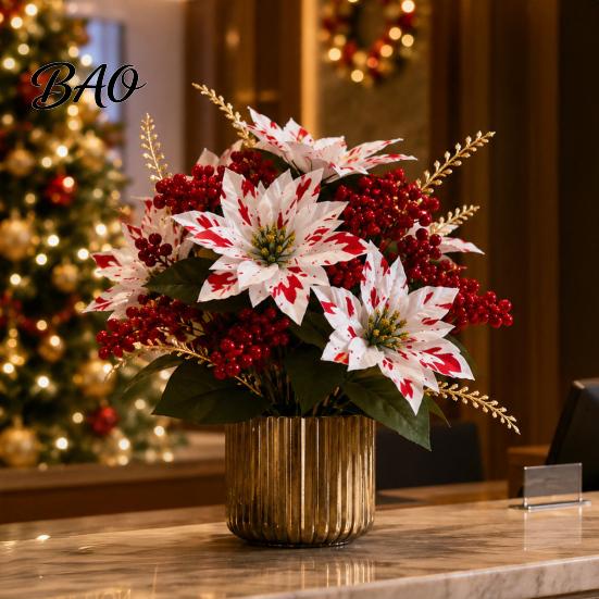 Vibrant Lush Fake Plant Decor 5/7/10/12 Heads Artificial Poinsettia Flowers, Christmas Floral Berry Centerpiece, Outdoor UV Resistant Greenery