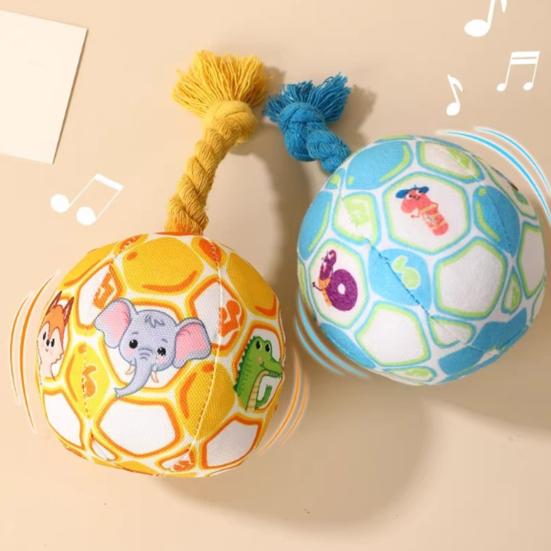 Plush Ball Dog Chew Toy Boredom Stress Relief Bite Resistant Squeaky Cartoon Ball Toy with Cotton Rope Pet Teething Cleaning Toy