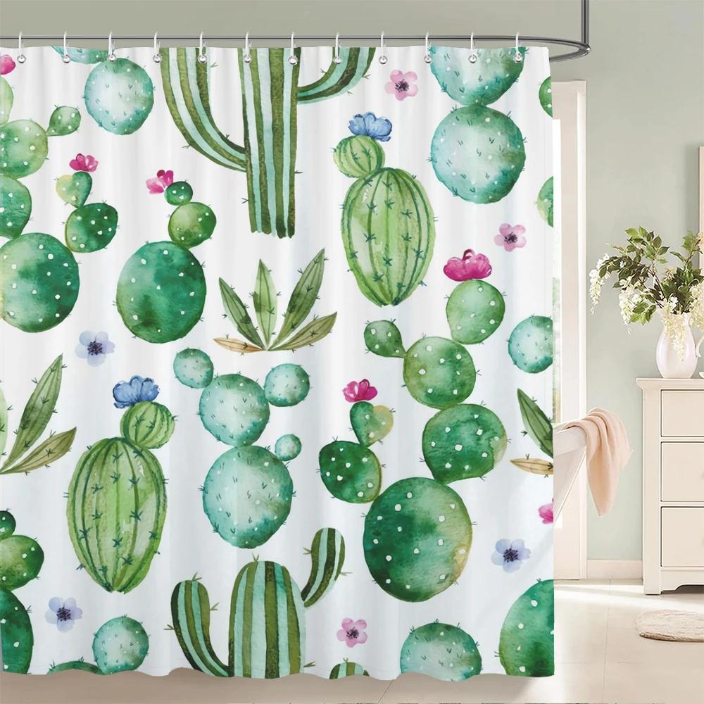 Cactus Pattern Bath Curtain Waterproof Fabric Shower Curtains Fresh Flower Plant Bathtub Screen For Bathroom Home Decoration