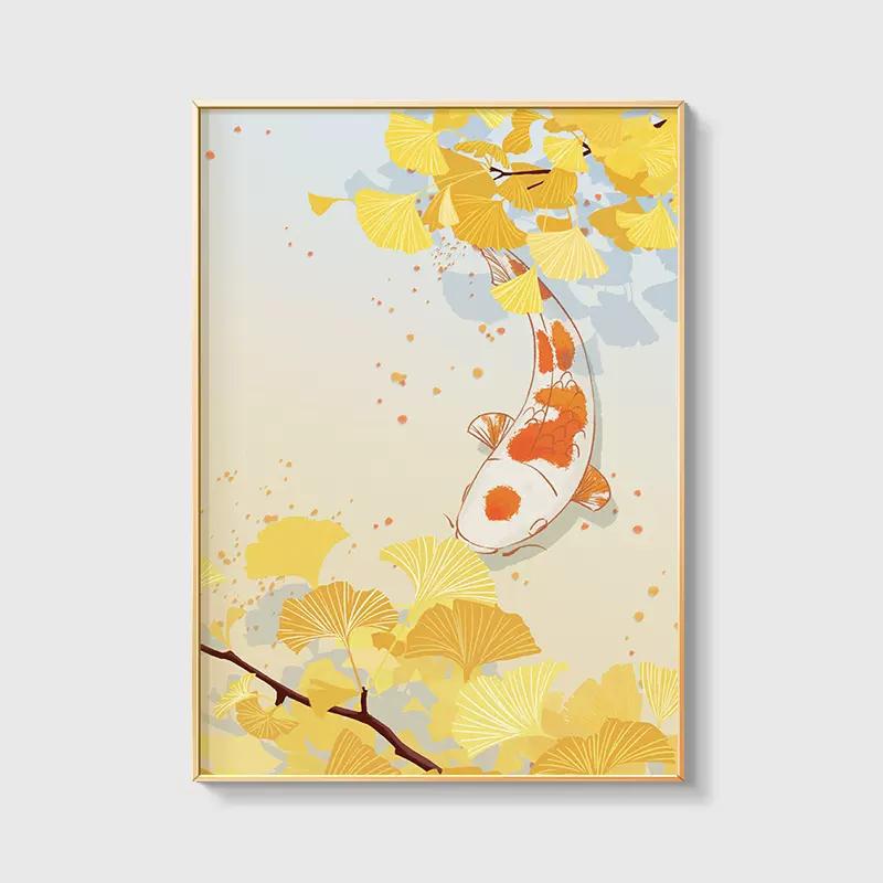 

Китайский стиль Карп и гинкго билоба вишни в цвету настенная живопись на холсте постер для украшения гостиной домашний декор A4 21x30cm No frame