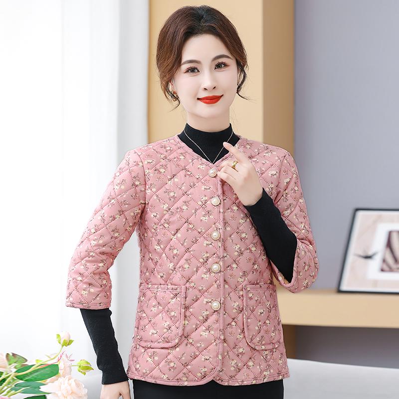 Women's Floral Print Warm Collarless Cotton Jacket with Mid and Seven-Sleeve Options, Fleece-Lined for Autumn/Winter.