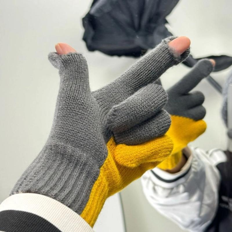 Touchscreen Gloves Korean Style Color Block Fingerless Cute Knitted Fleece Lined Thick Warm Winter Windproof Gloves