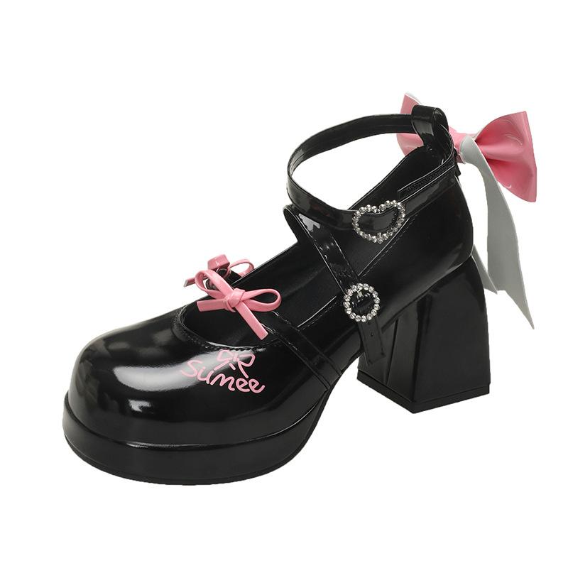 

Маленькі шкіряні туфлі бант милі туфлі Мері Джейн 2025 нові лолі жіночі солодкі мереживна облямівка товстий каблук пряжка шкіряні туфлі 39 чорний