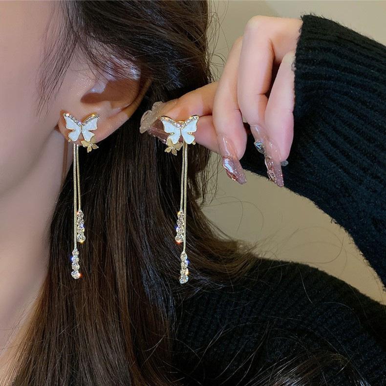 Brincos de Borla Pérola Sense Premium Agulha de Prata Celebridade Elegante Moda Brincos de Temperamento Brincos Longos de Diamante Flash de Luxo Leve Mulheres