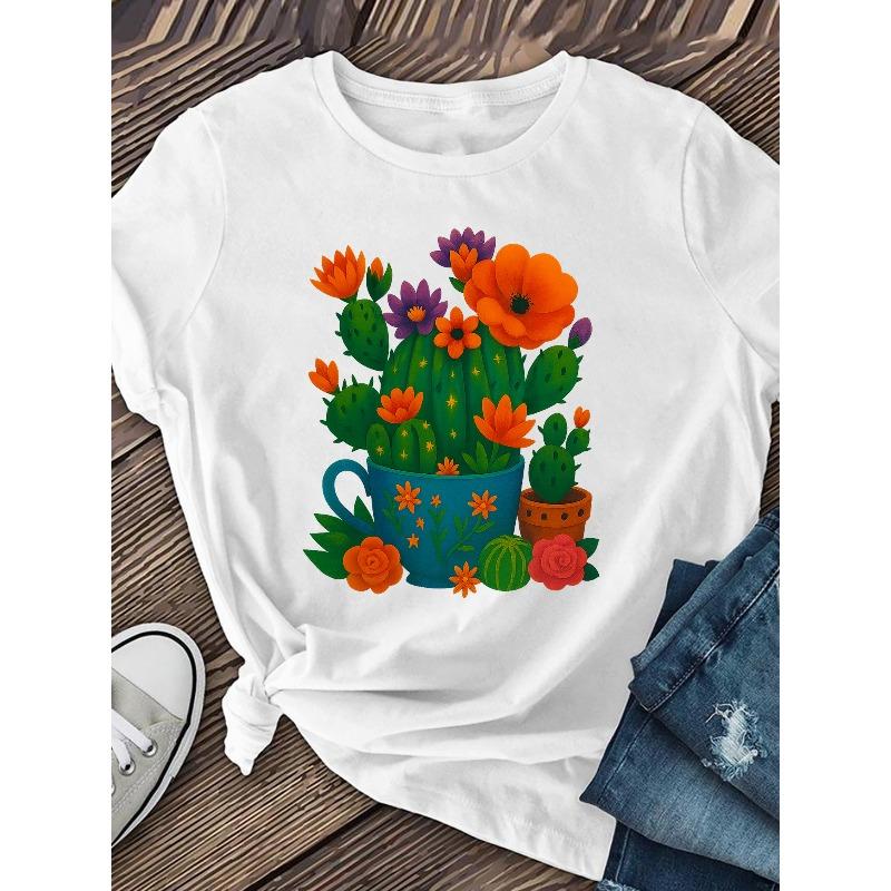 

Women s Beautiful Cactus Lady Print T-Shirt Crew Neck Short Sleeve Casual Spring Summer Top 4XL білий