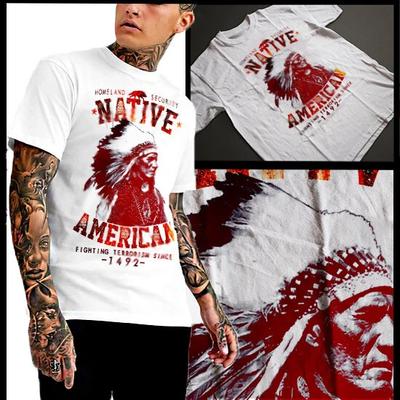 T-shirt da Uomo a Maniche Corte Capo Indiano Nativo Americano Con Copricapo Nuovo Cotone