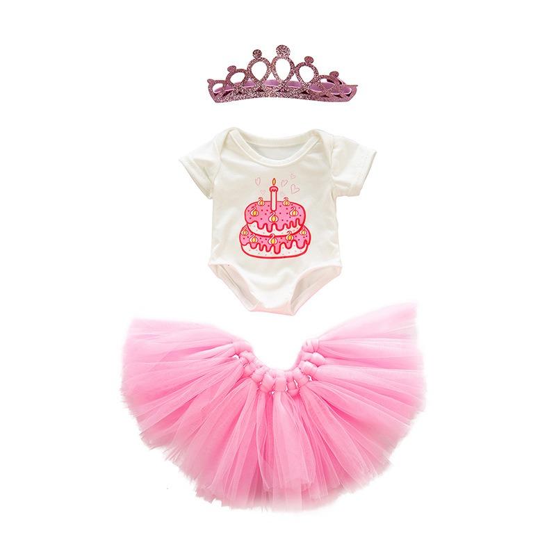 Set of 3 Birthday Doll Pink Clothing Accessories Including Skirt Romper Headband for 43cm / 17Inch Newborn Baby Doll (No Doll)