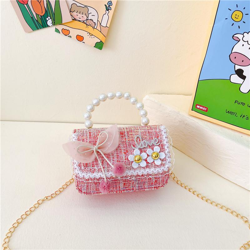 Adorable Cartoon Pearl Handbag For Kids With Cute Bowknot Decoration Red