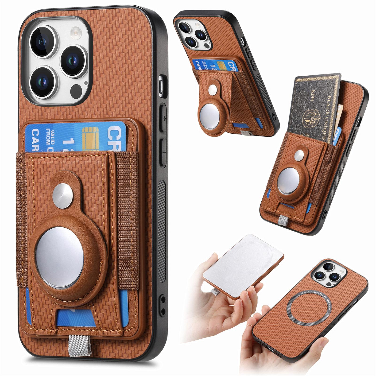 

Holder for AirTag/iPhone 16 Pro Case Detachable Card Holder Leather+TPU+PC Phone Cover Brown