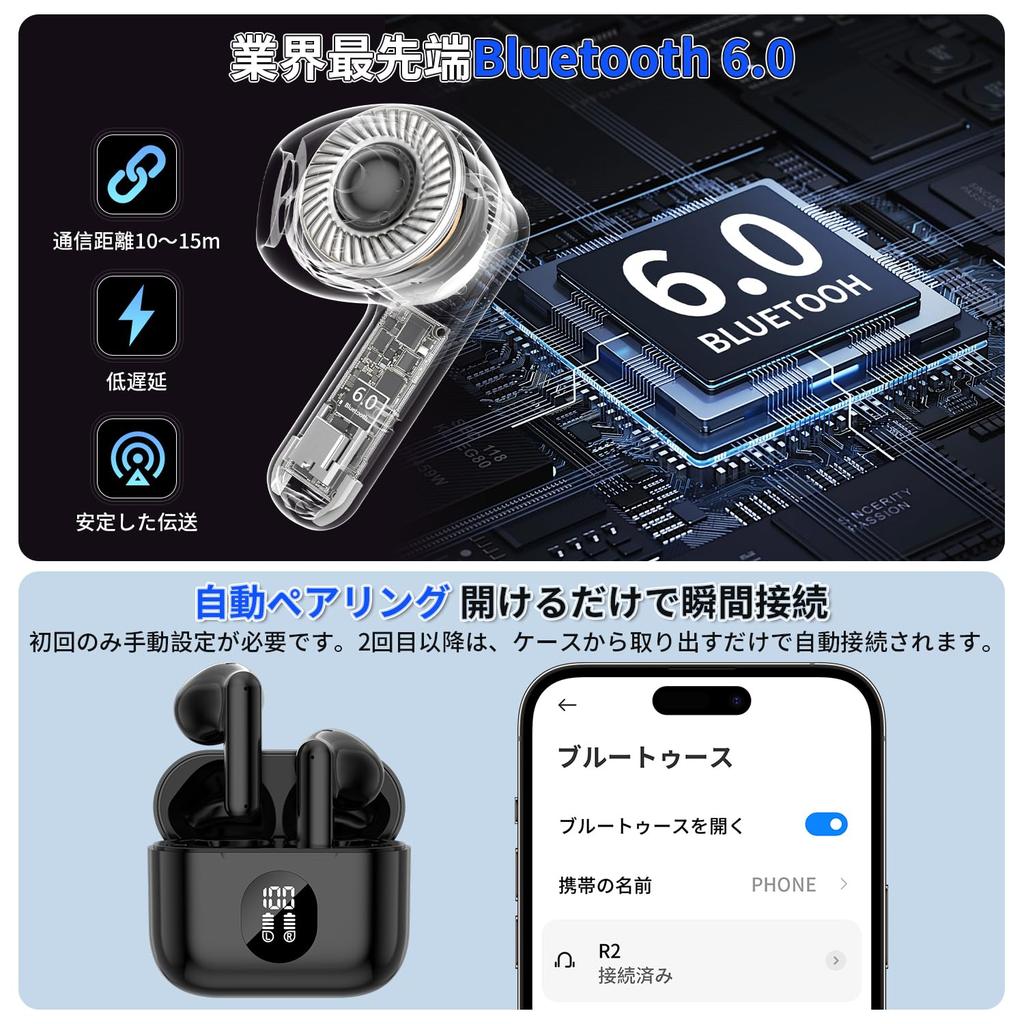 [Bluetooth 6.0 & AI Call Noise Cancellation] Bluetooth Earphones, Wireless Earbuds, 24-Hour Playback, LED Digital Battery Level Indicator, Smart