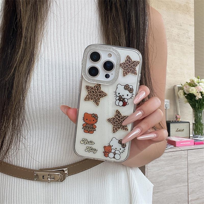 Translucent Glitter Star Leopard Kitty Phone Case for iPhone 17/16 Pro Max/15/14