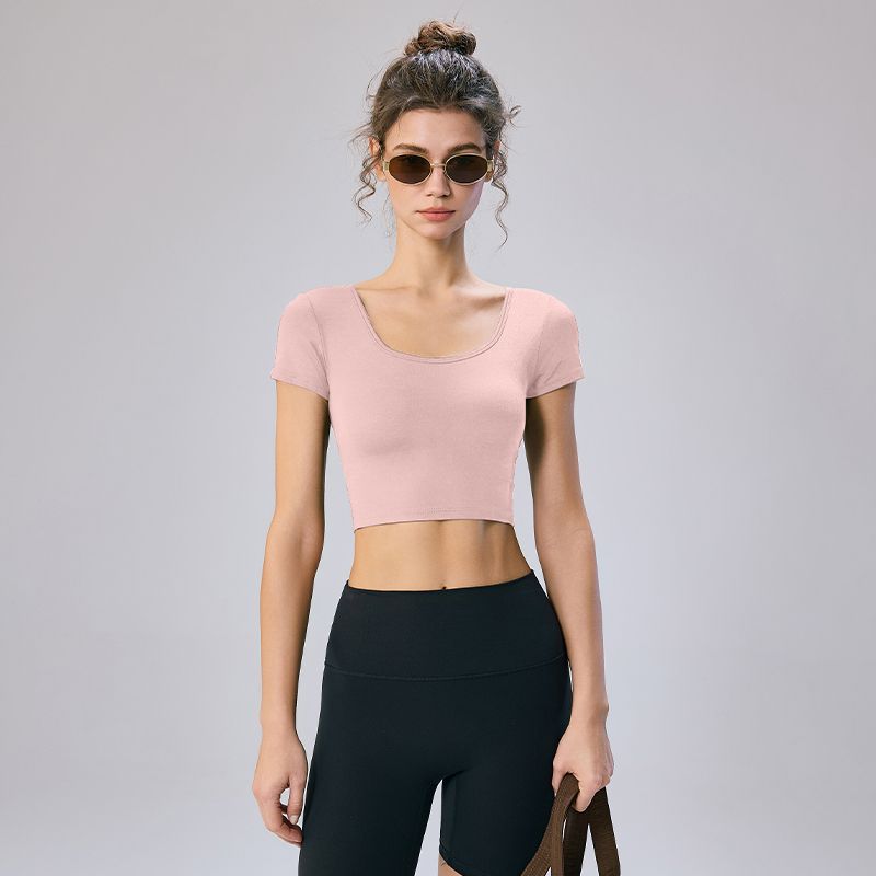 Mitaogirl Kendall Wind Sports Top Women Short Backless Fitness Yoga Clothes Summer With Chest Pad Short Sleeve T-shirt