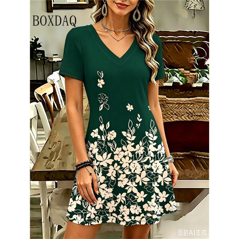 Plus Size Women's Dress Summer Beach Loose Casual A-Line Dress Vintage Boho Floral Printing Short Sleeve V-Neck Dress