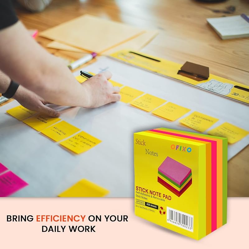 Ofixo Super Sticky Note 3 X 3-Inches,Pack Of 5 Pads, Multi Color (400 Pcs)