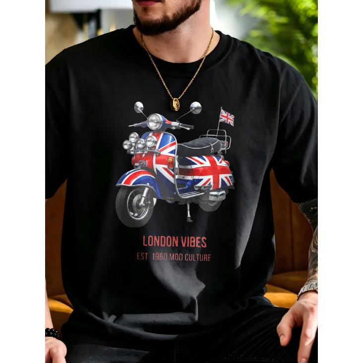 Men's British Flag Scooter T-Shirt - London Mod Culture Retro Graphic Tee, Loose Fit Short Sleeve Shirt with, Machine Washable Gift Suitable for Him,