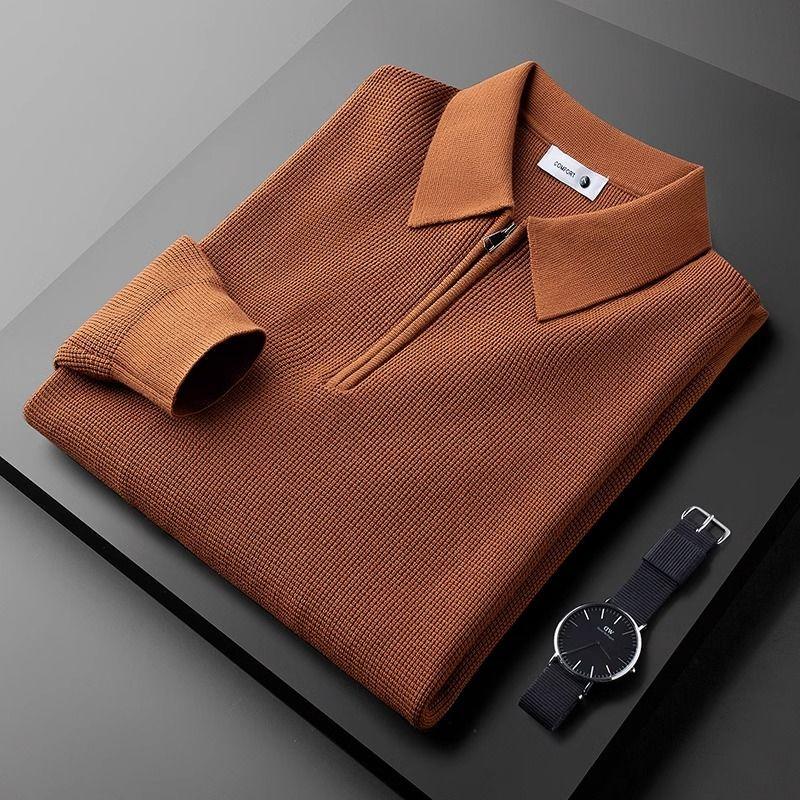 Warm Knitted Waffle Half Zip White Polo Shirt Men Long Sleeved Sweater Lapel Sweatshirt