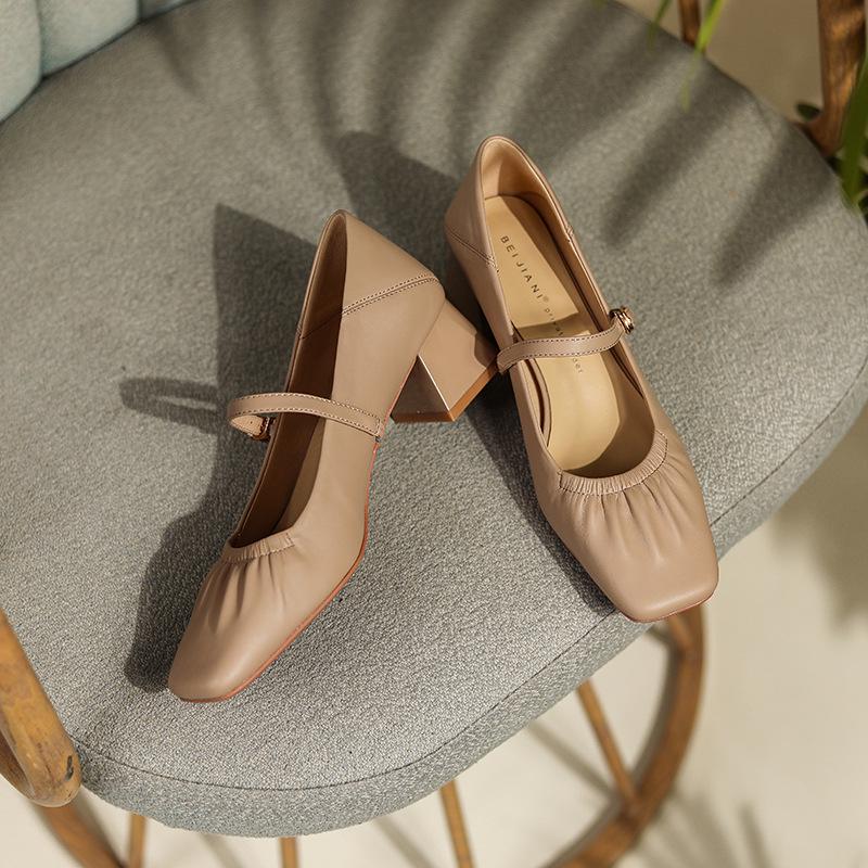 

Туфли Мэри Джейн из овчины на массивном каблуке с квадратным носком - Женский средний каблук, ремешок на щиколотке, мягкая кожа для весны и осени 35 хаки