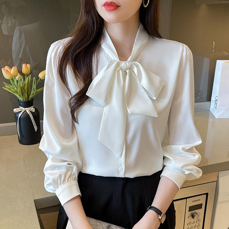 Spring and Summer New Ladies Long Sleeve Chiffon Ribbon Gentle Shirt