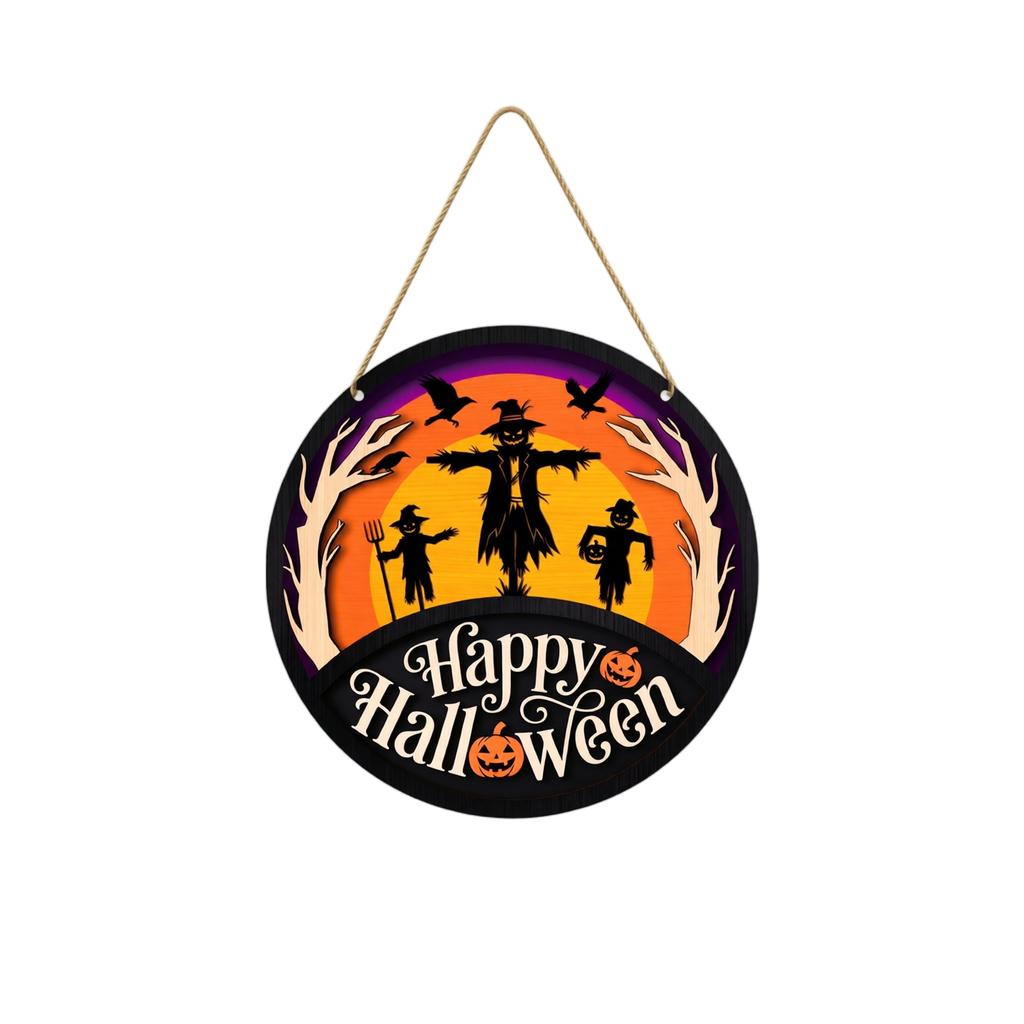 Wooden Halloween Hanging Sign Wall Decoration Scarecrow Pumpkin Design Party Festival Indoor Outdoor Hanging Ornament