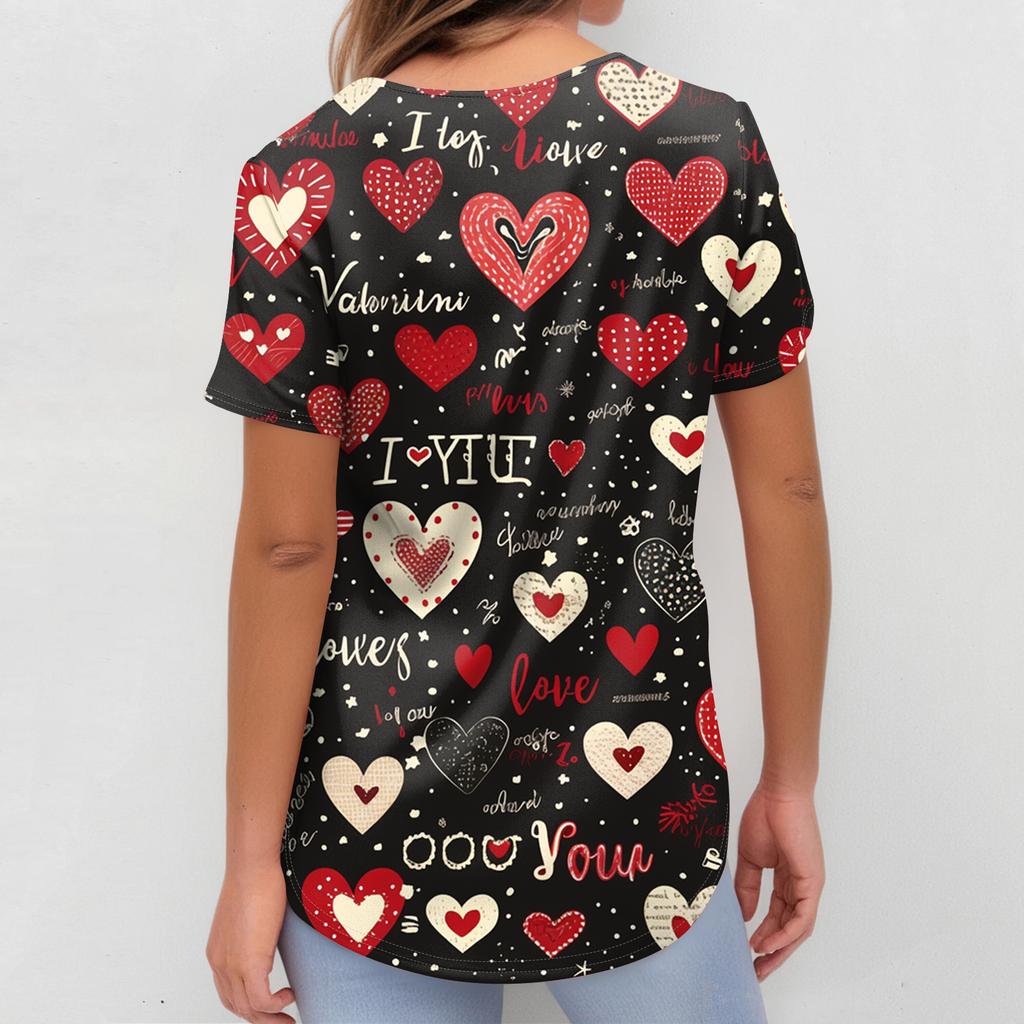 Damenmode Kurzarm Valentinstag-Print V-Ausschnitt Tasche Arbeitskleidung Top