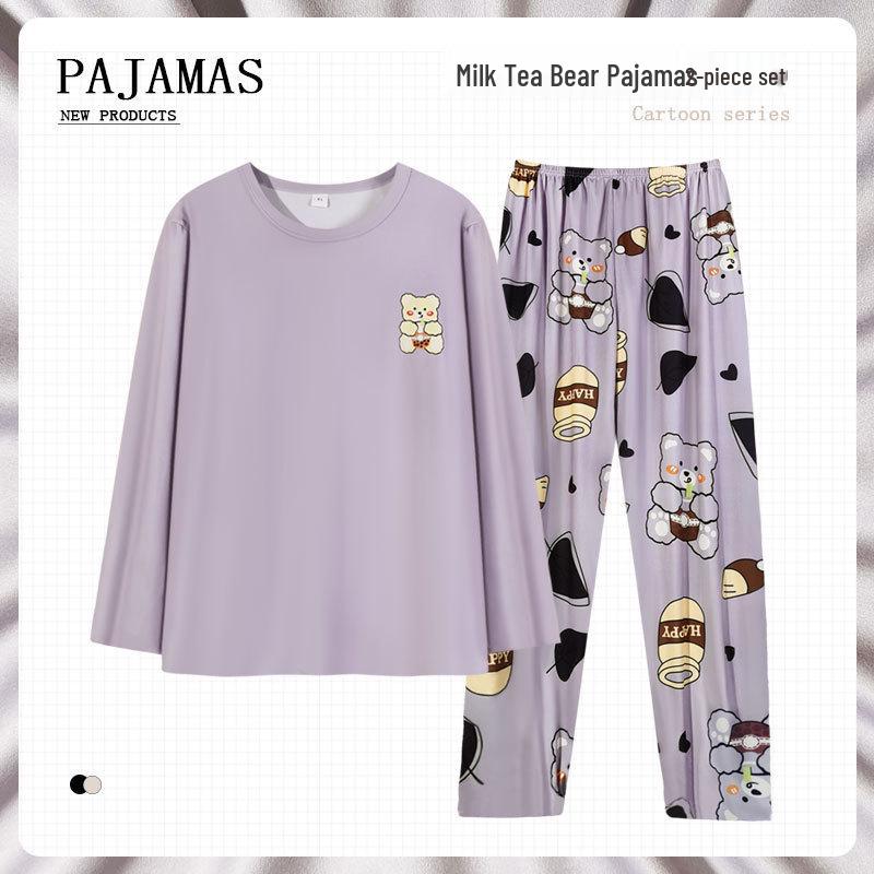 Ensemble Pyjama Automne/Hiver pour Femme: Coton à manches longues, Style coréen, Design mignon de dessin animé d'ours au thé au lait