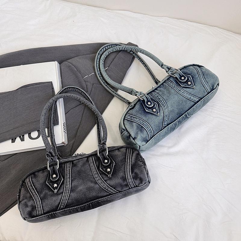 Niche design bowling bag women's large capacity shoulder bag retro trend women's denim handbag