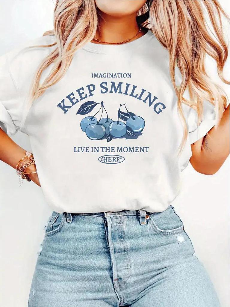 Women's Cherry Print Short-Sleeve Top with Free Shipping - European & American Style