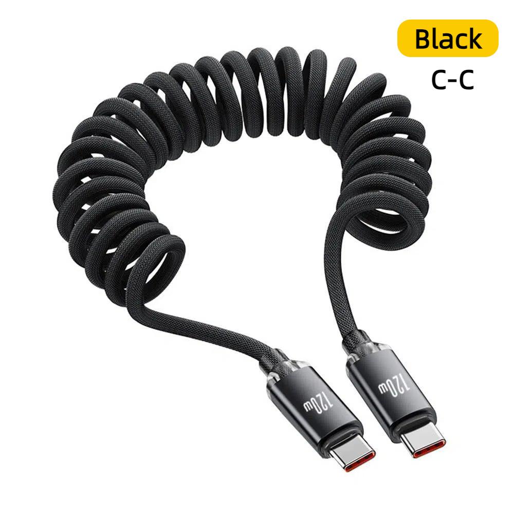 111W Car USB A to Type C Cable Spring Telescopic Fast Charging Cable USBC to C for iPhone 17 16 Samsung Xiaomi Huawei