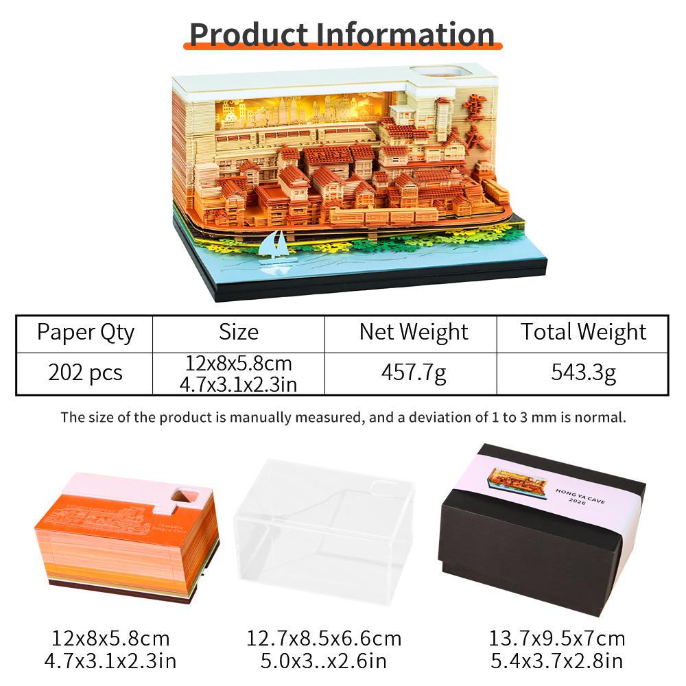 City Landmark Miniature Model 3D Sticky Notes Pad Tear off Paper Building Model Desk Memo Pad with Light and Pen Holder