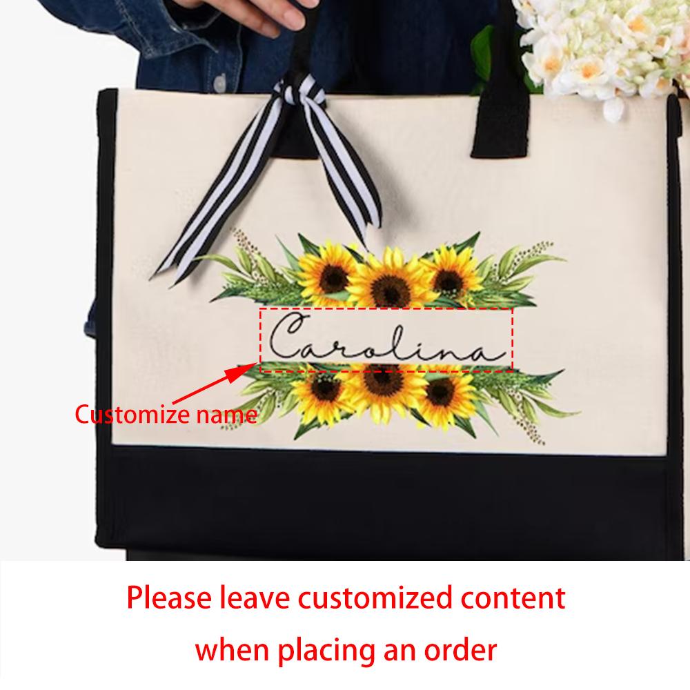 Personalized Sunflower Tote Bag Floral Gift for Mom Teacher Grandma Sunflower Lovers Birthday Bridal Shower Honeymoon Trip Gift