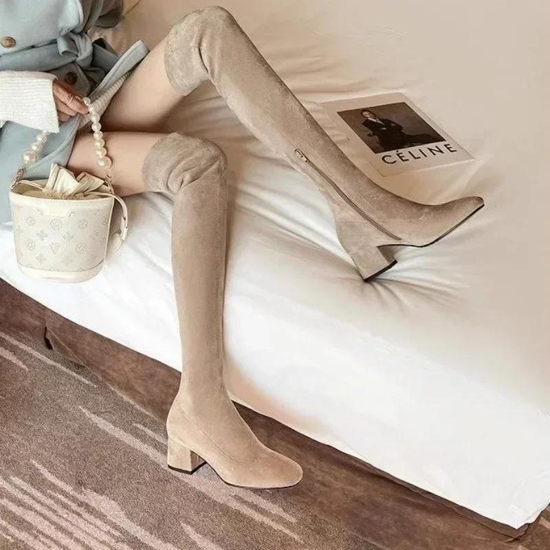 Fashion Elastic Long Faux Suede Boots Woman Over-the-knee Boots Casual Black Platform Shoes for Women Autumn Ladies Bottes
