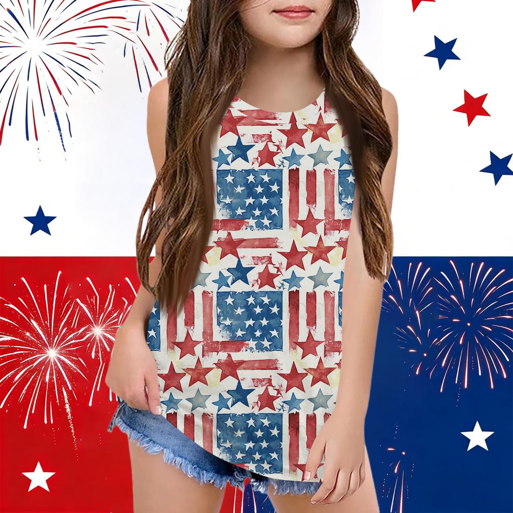 Girls  Kids Summer Crewneck Sleeveless Shirts Tank Tops Independence Day