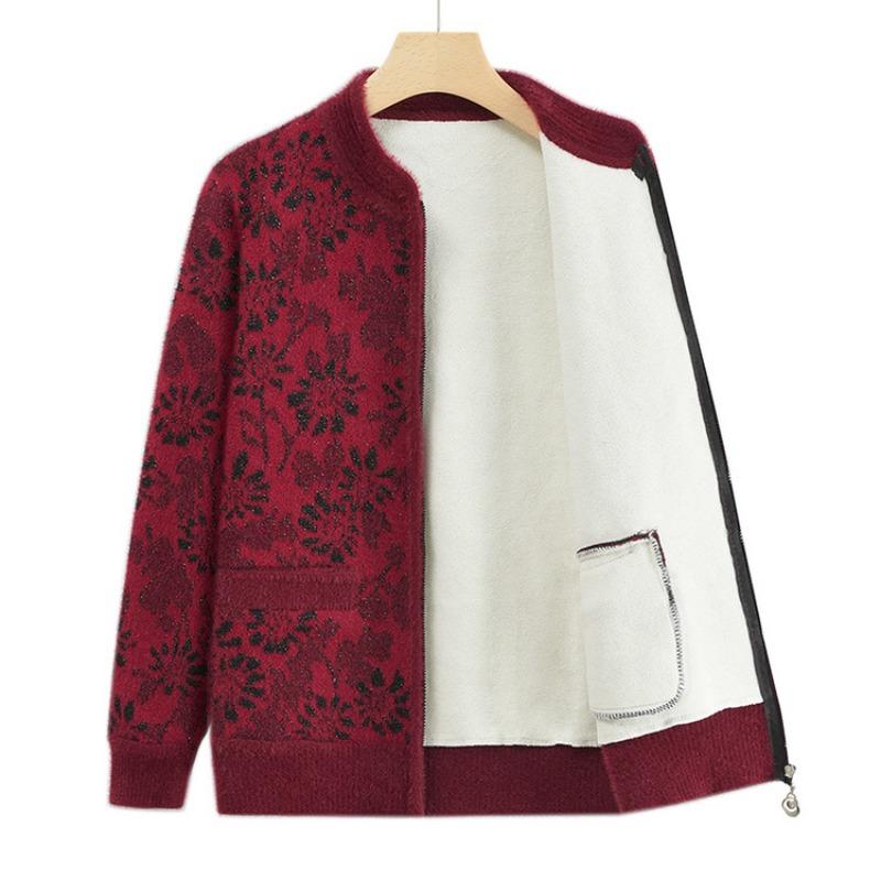 Middle-aged and Elderly Mothers Wear Spring and Autumn Knitted Cardigan Sweater Jacket Crew Neck Printed Top Loose Casual Women's Clothes