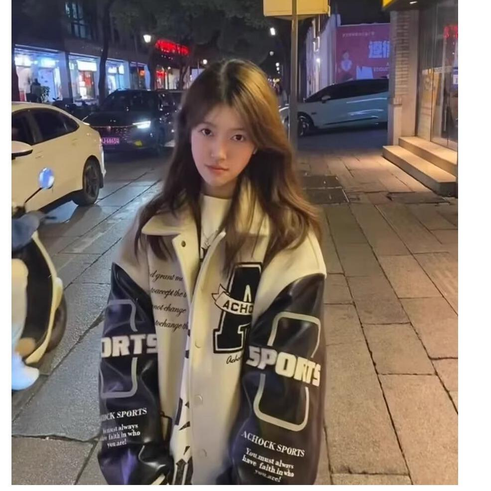 

Retro American Patchwork Baseball Jacket for Couples - Spring/Autumn Loose Fit M