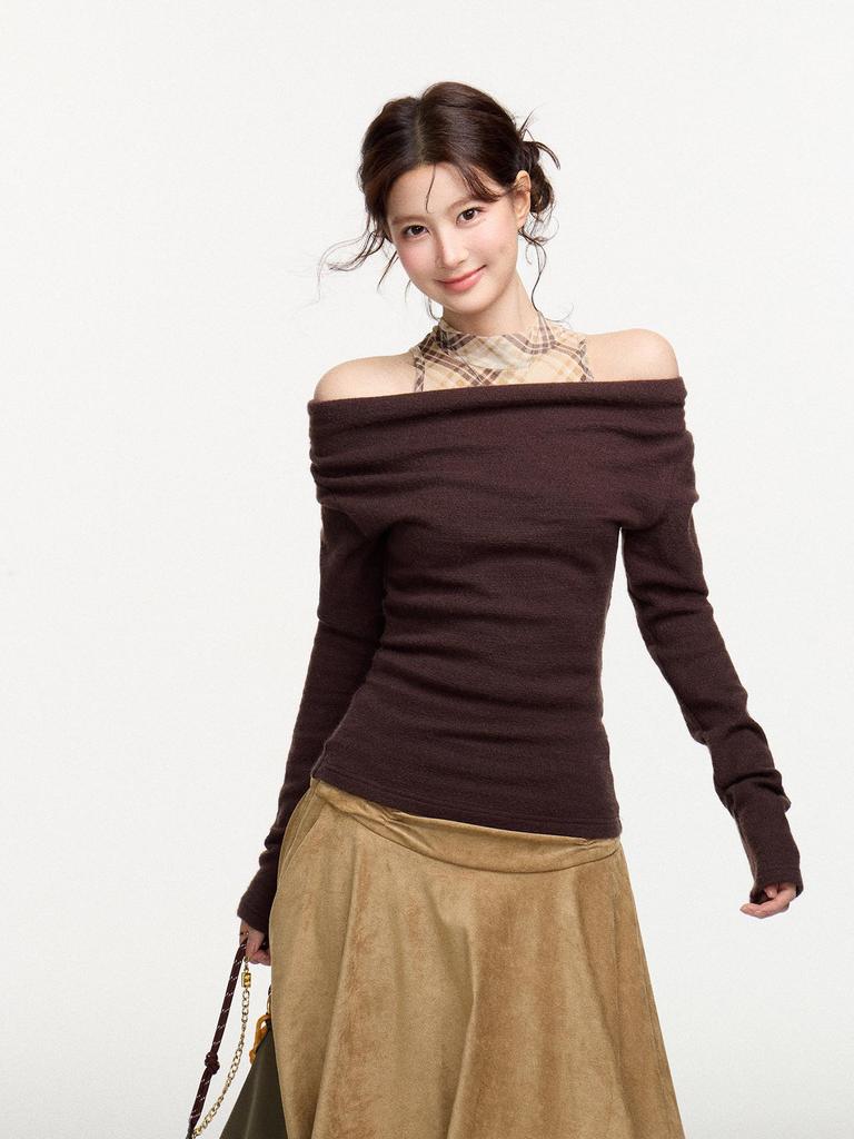 New Year Red Sexy Slim-Fit Off-the-Shoulder Long-Sleeve Women's T-shirt Set