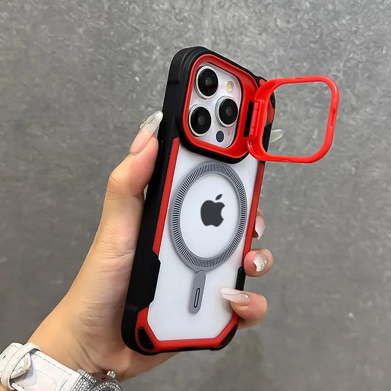 

Fold Lens Stand Protection Case For 16 13 12 14 15 Pro Max Plus Magnetic Wireless Charging Armor Shockproof Cover For iPhone 16 красный