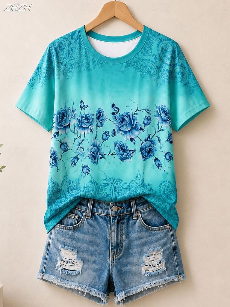 Women's Summer Tops Fashion Stylish Modern Short Sleeve Crew Neck Round Neck Regular Tops Casual Summer Spring