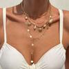 Ocean Vacation Fan Shell Conch Necklace, Stylish Sequin Chain Stacked Collarbone Necklace
