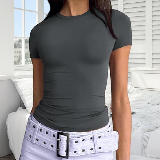 Women T-shirt Round Neck Short Sleeve Solid Color Tee Shirt Slim Fit