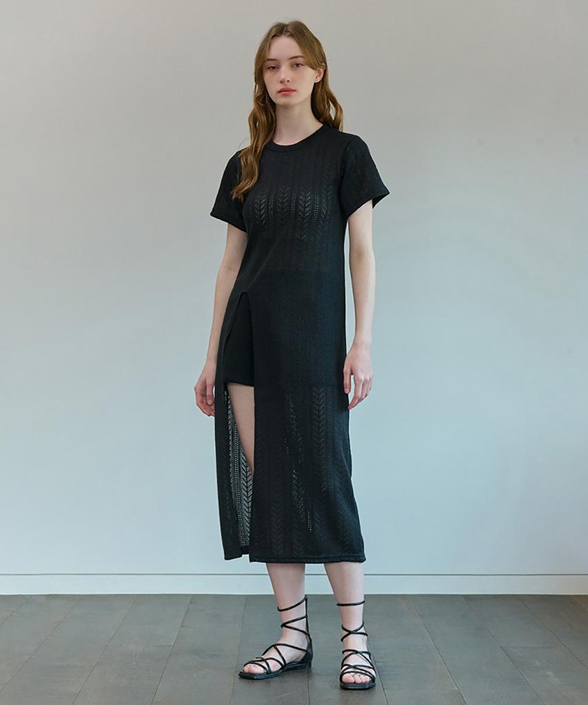 Kamino Slit Summer Lace Long Knit Dress Black