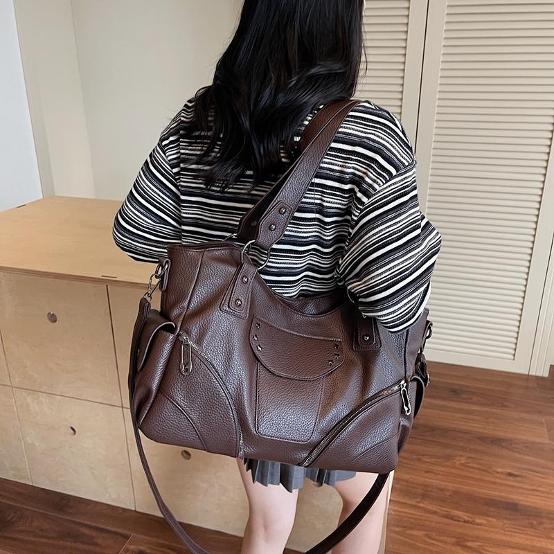PU Shoulder Bag Women's Fashion Tote with Star Stud Detail and Dual Side Zip Pockets