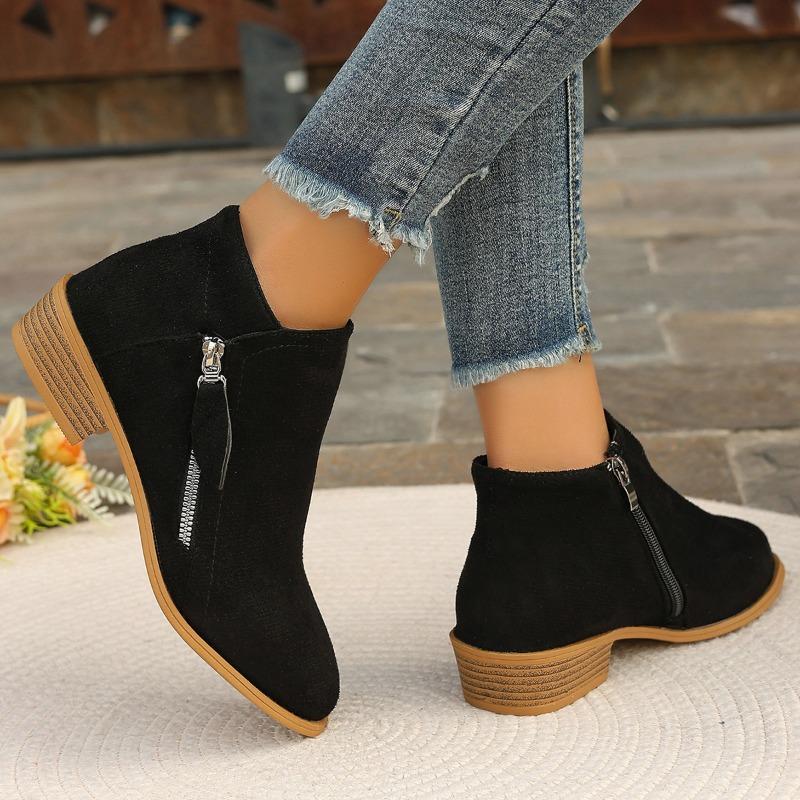 Women's Plus Size Pointed Toe Low Heel Side Zip Fashion Boots New Reverse Fleece Low Leg Fashion Booties