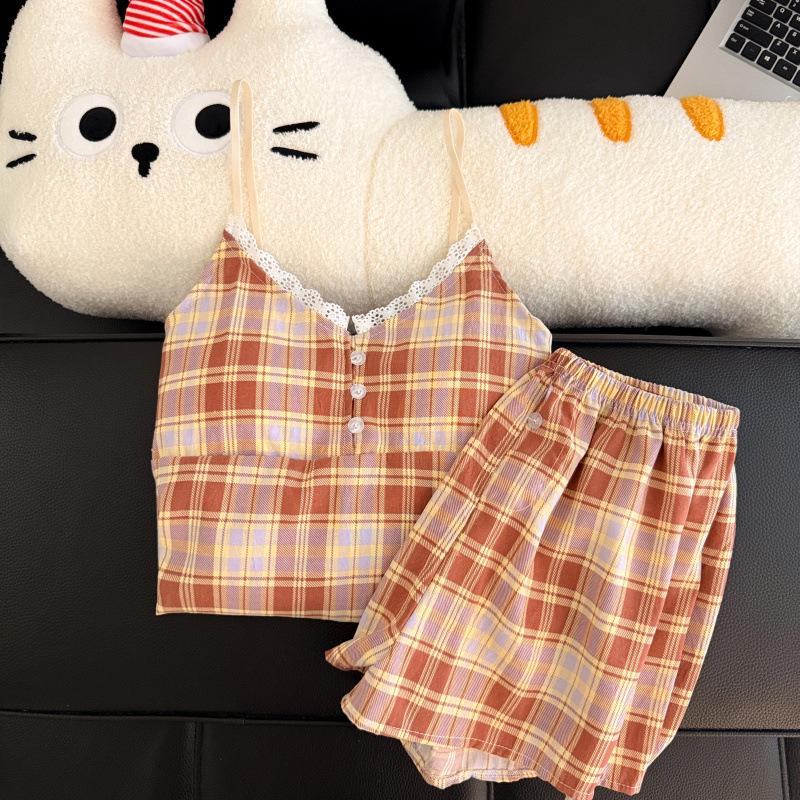 Women s Sweet Pink Plaid Cloud Cotton Pajama Set with Chest Pads XXL