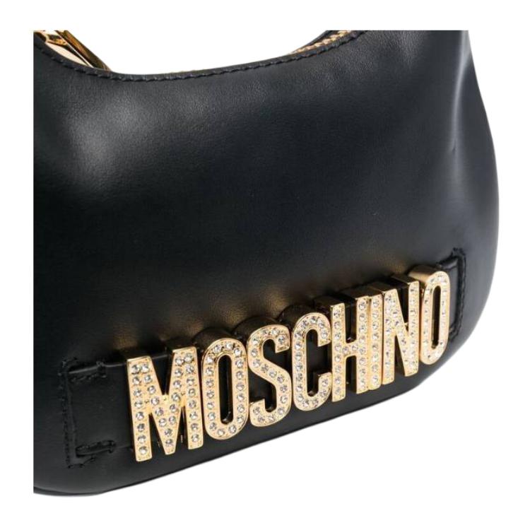 Moschino Logo Decorated Detachable Chain Handle Zip Closure Calfskin Tote Shoulder Bag Women Bags Black A757980243555